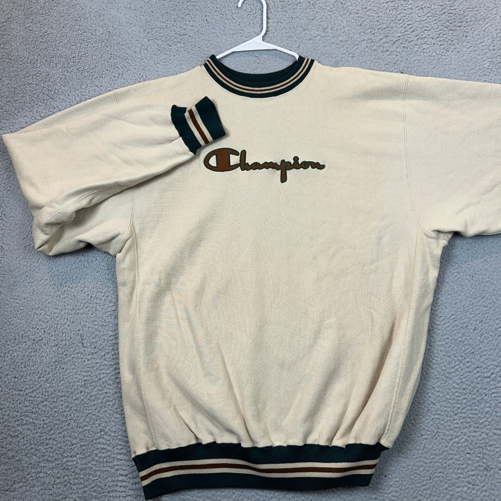 Vintage Champion Sweatshirt Men 3XL Reverse Weave Cream Striped Trim Made In USA